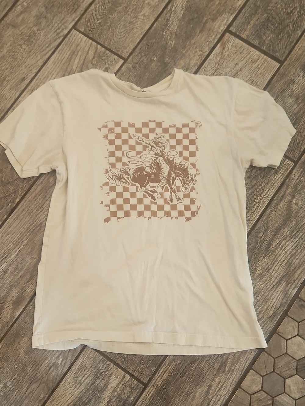 Graphic Checkerboard Rodeo Tee - Cream with Brown Print Size Medium
